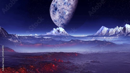 Big Moon Over An Alien Planet. In the dark starry sky, nebula and a large planet (moon) in the penumbra. Beneath the mountains with snowy peaks, plateaus, lowlands, covered with a thick white mist.