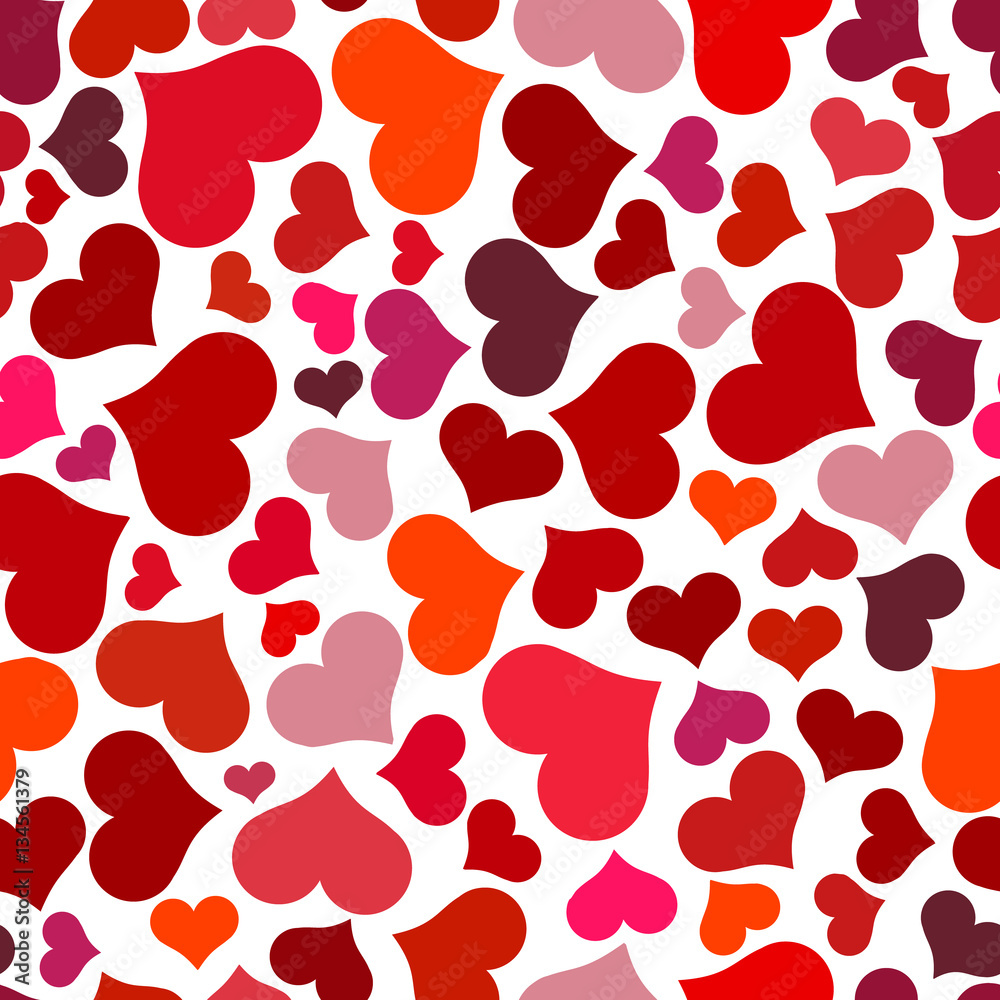 Seamless pattern with red hearts. Swirling red hearts on a white background. Vector valentine illustration.
