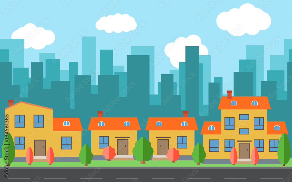 Vector city with cartoon houses and buildings. City space with road on flat style background concept. Summer urban landscape. Street view with cityscape on a background
