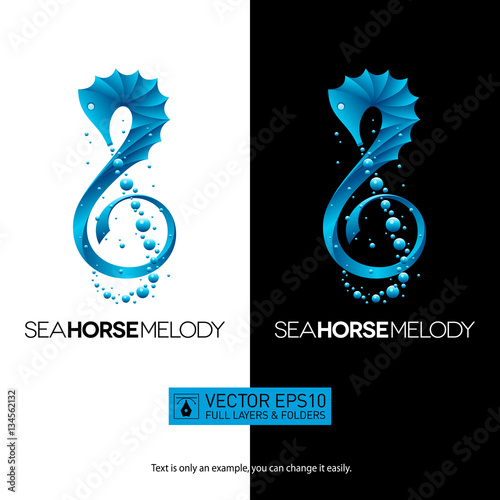 Seahorse music concept with treble clef. Isolated vector illustr