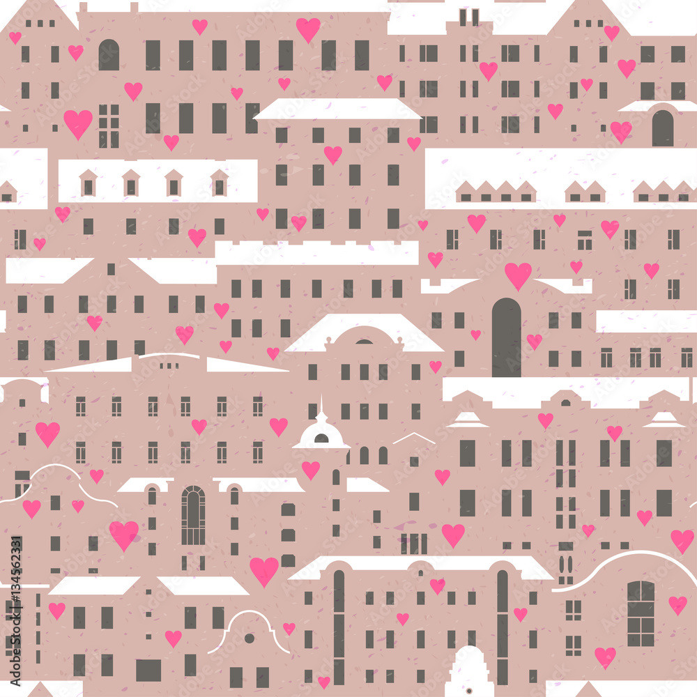 Seamless vector pattern for Valentine's Day 14 February. Old buildings with white roofs and flying pink hearts.