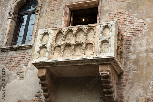 Juliet balcony in Verona. Romeo and Juliet is a tragedy written by William Shakespeare. This place is the main tourist attraction in Verona.