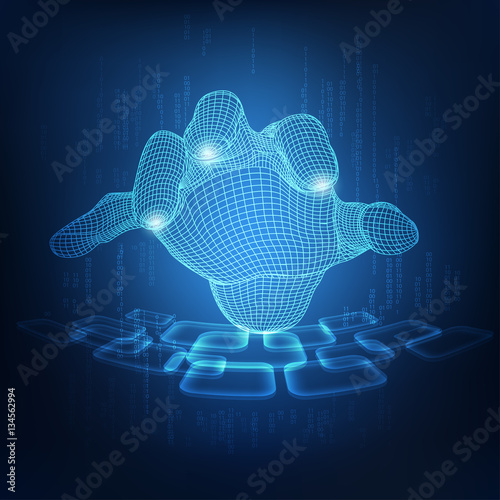 3D wireframe hand pushing cyber buttons, abstract futuristic digital theme, concept of computer user