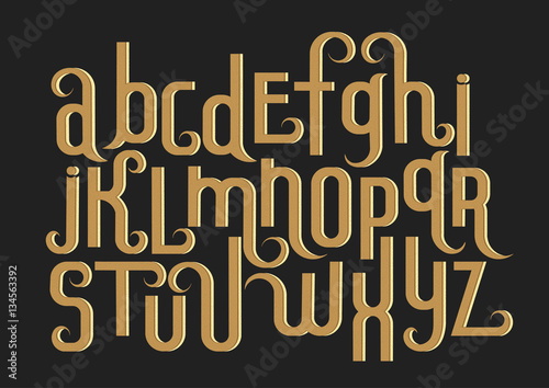 Vector alphabet set. Lowercase 3d letters with decorative flourishes and fine texture in the Art Nouveau style. Beige letters on black background.