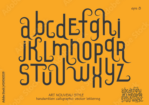 Vector alphabet set. Lowercase letters with decorative flourishes in the Art Nouveau style. Black letters on a yellow background.