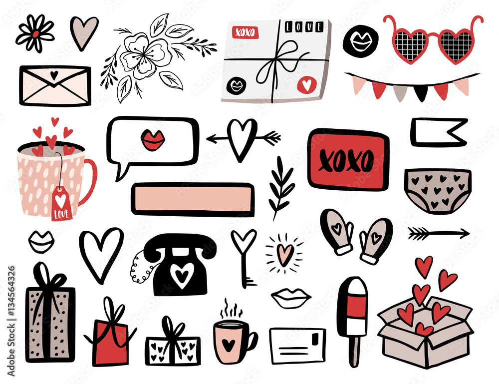 Valentines Day set with love elements, heart, overlays, speech bubbles and  etc. Template for Stickers, Greeting Scrapbooking, Congratulations,  Invitations, Planners. Stock Vector