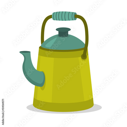 Camping green vintage kettle in flat cartoon style