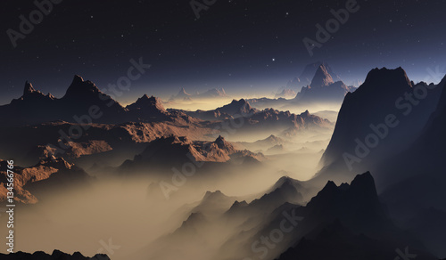 Fototapeta Naklejka Na Ścianę i Meble -  Dust storm on Mars. Sunset Martian landscape and night sky with stars. 3D Illustration