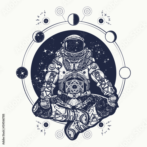 Astronaut in the lotus position tattoo art. Symbol of meditation