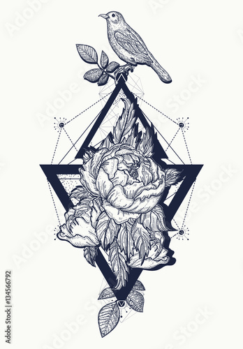 Birds and rose, tattoo and t-shirt design boho art