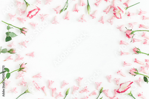 Flowers composition. Frame made of pink flowers. Valentine s Day. Flat lay  top view