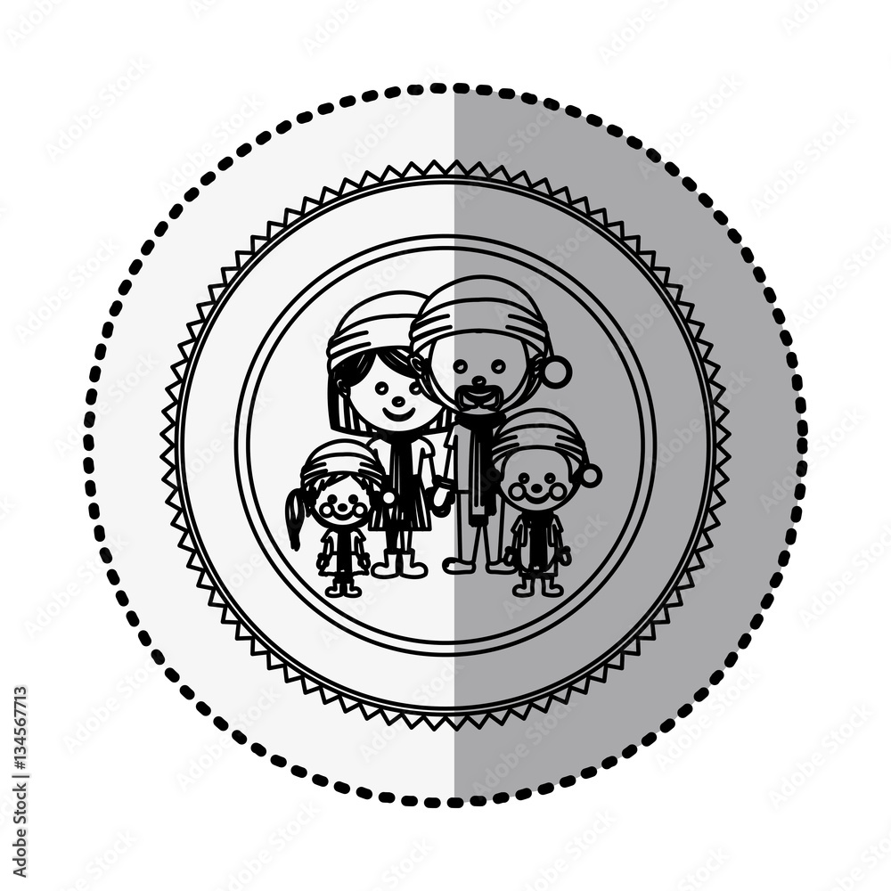monochrome circle with middle shadow sticker with family with christmas clothes vector illustration monochrome circle with middle shadow sticker with family with christmas clothes vector illustration