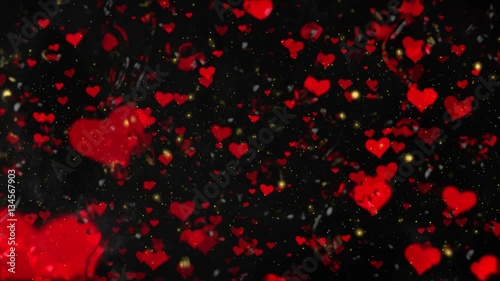 Valentinstag fallende Herzen hinter einer Glasscheibe mit Wassertropfen