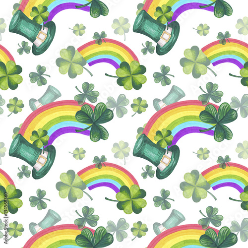 St Patrick's Day Illustration Seamless Pattern Hand-Painted Green Shamrock Background Texture Wallpaper Scrapbook Paper