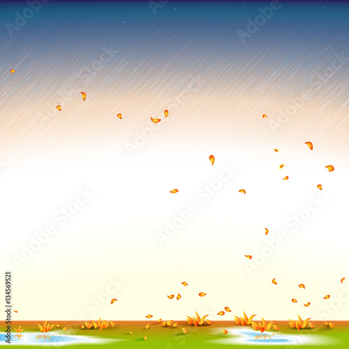 Autumn background, rainy, wind, leaf fall, vector illustration