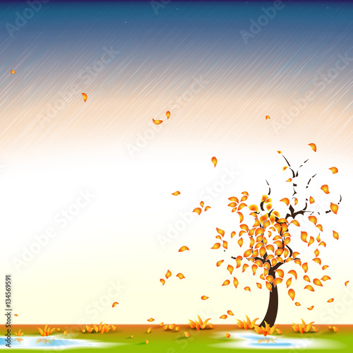 Autumn windy weather, falling leaves and rain, vector illustration
