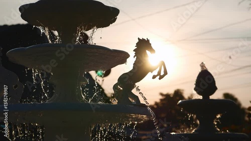 Fountain with White sculpture horse, camera handheld shooting.