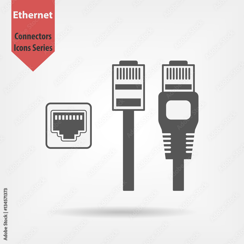 Ethernet connectors and socket with cable symbol for download. Vector icons for video, mobile apps, Web sites and print projects. - obrazy, fototapety, plakaty 