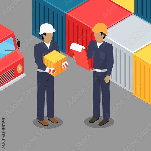 Cargo Worker and Foreman Talking in Warehouse.