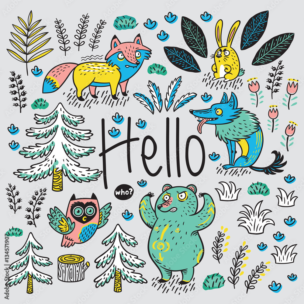 Hand drawn card with cartoon animals and text Hello