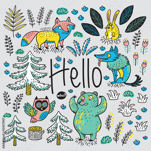 Fototapeta Naklejka Na Ścianę i Meble -  Hand drawn card with cartoon animals and text Hello
