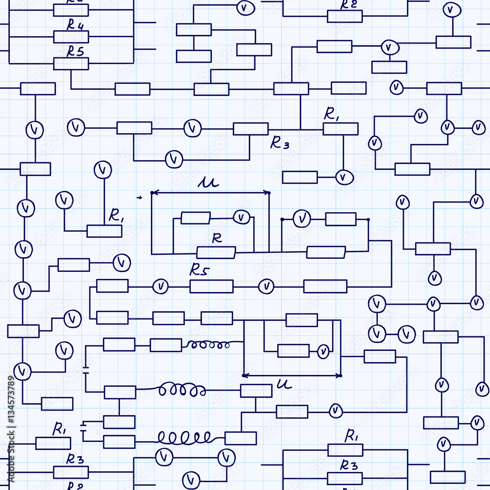 Physical vector seamless pattern with alternating current circuit schemes, handwritten on grid copybook sheet of paper, scientific research background Physical vector seamless pattern with alternating current circuit schemes, handwritten on grid copybook sheet of paper, scientific research background