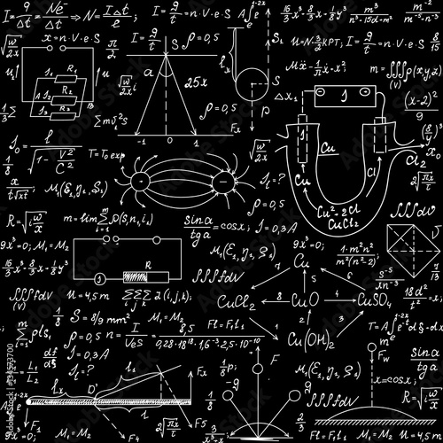 Physical scientific vector seamless pattern with handwritten formulas, plots, schemes, calculations and equations, "chalk on blackboard" effect. You can use any color of background
