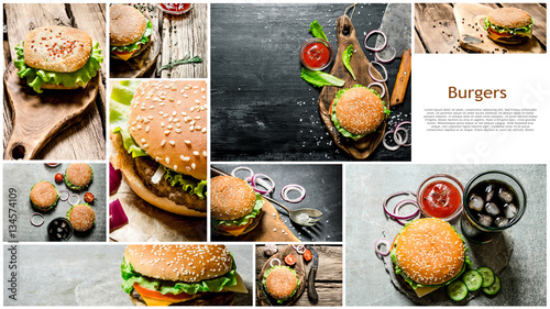 Food collage of burger .