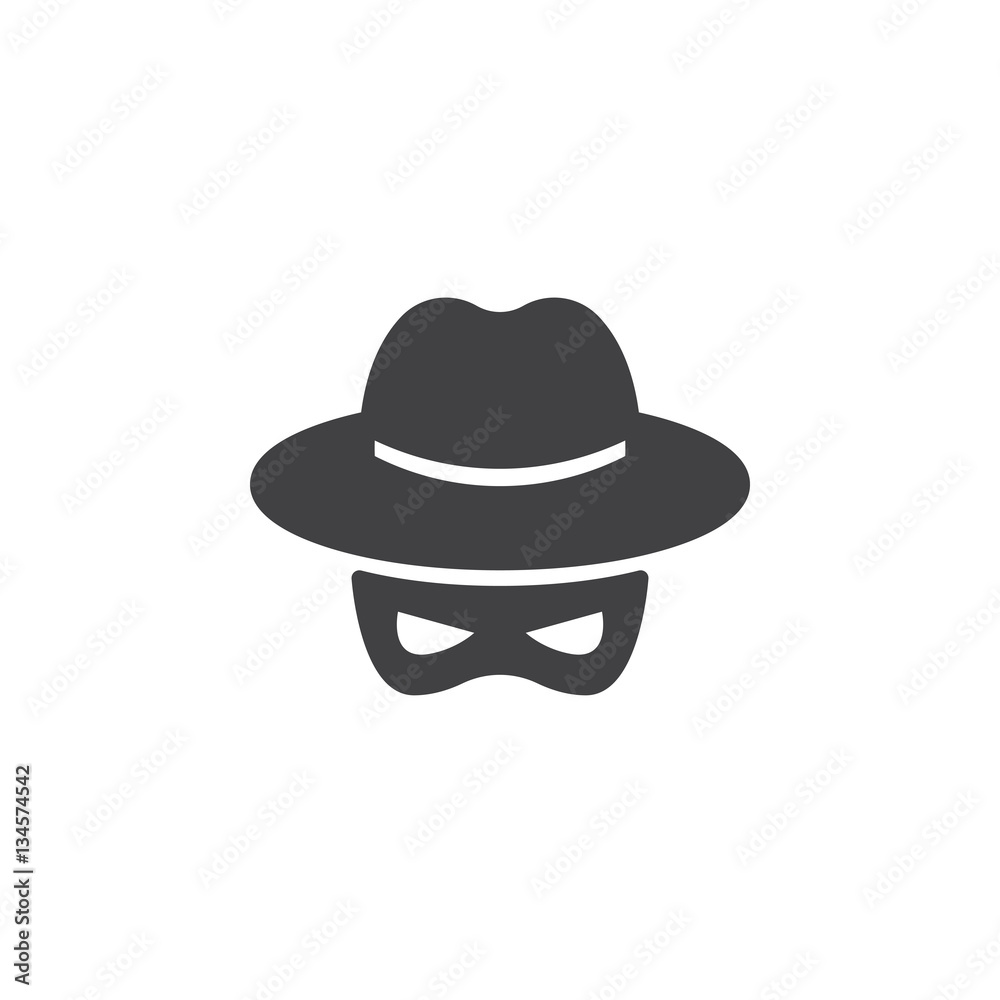 Spy icon vector, filled flat sign, solid pictogram isolated on white. Spyware symbol, logo illustration Spy icon vector, filled flat sign, solid pictogram isolated on white. Spyware symbol, logo illustration