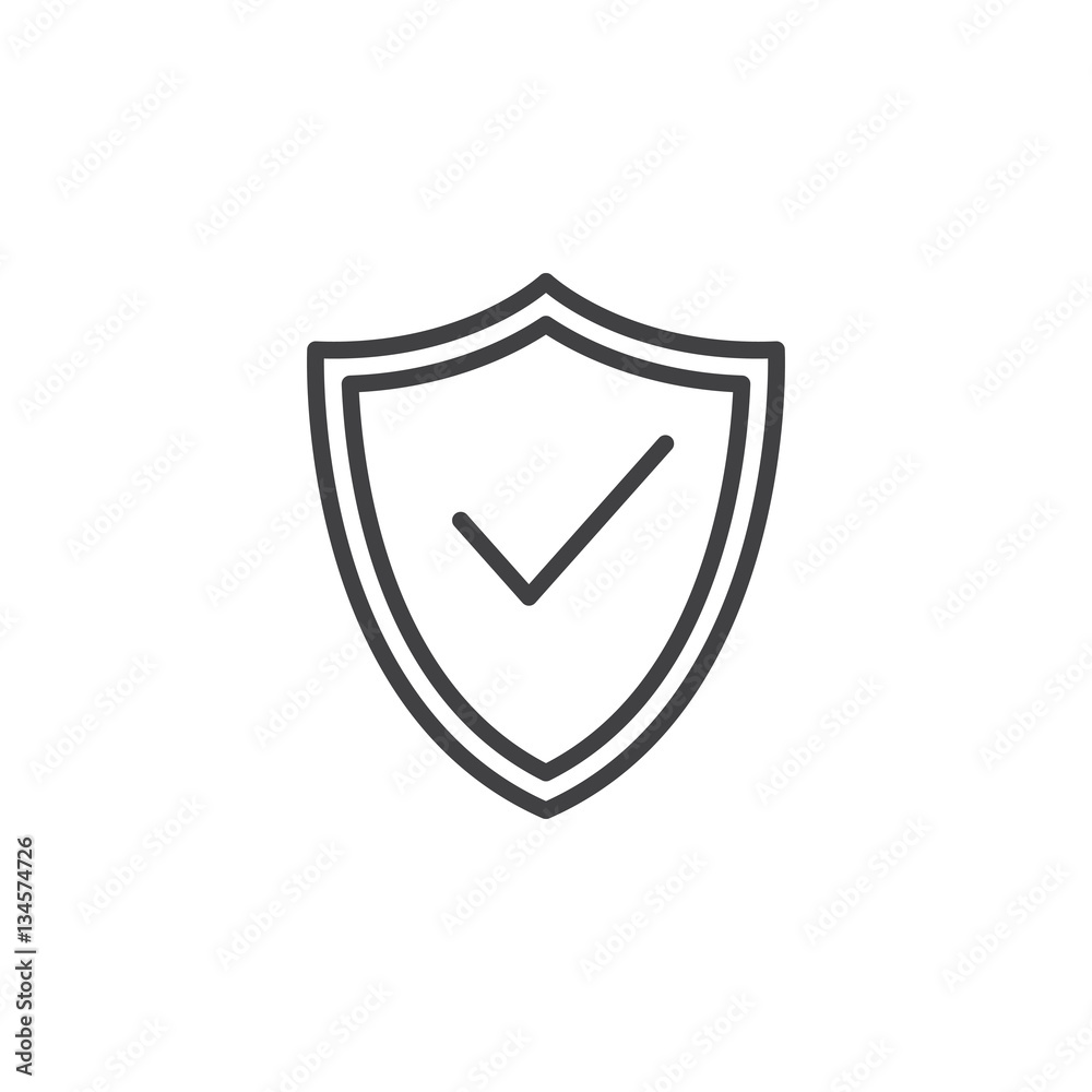 Shield with check mark line icon, outline vector sign, linear pictogram isolated on white. Protection symbol, logo illustration Shield with check mark line icon, outline vector sign, linear pictogram isolated on white. Protection symbol, logo illustration