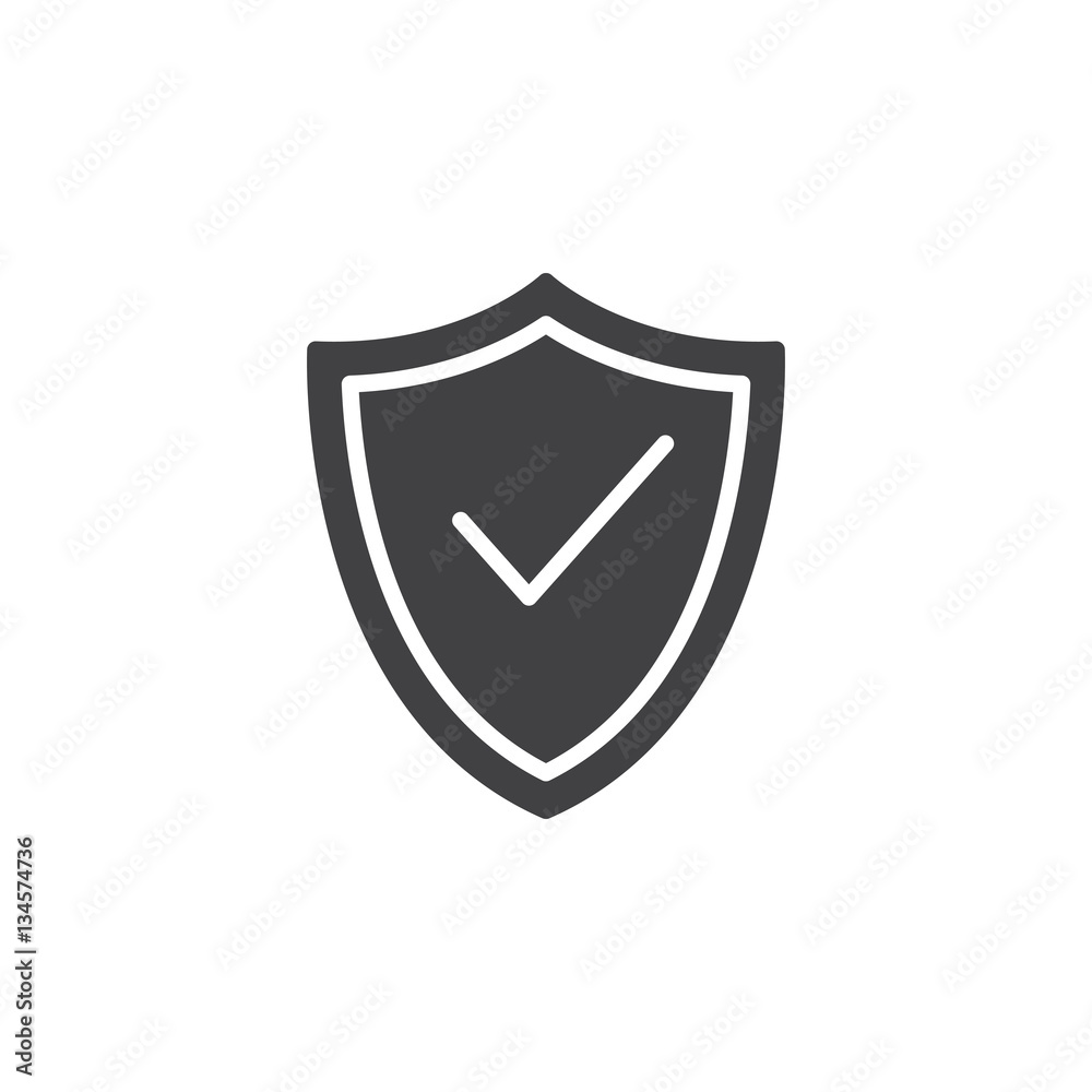 Shield with check mark icon vector, filled flat sign, solid pictogram isolated on white. Protection symbol, logo illustration Shield with check mark icon vector, filled flat sign, solid pictogram isolated on white. Protection symbol, logo illustration