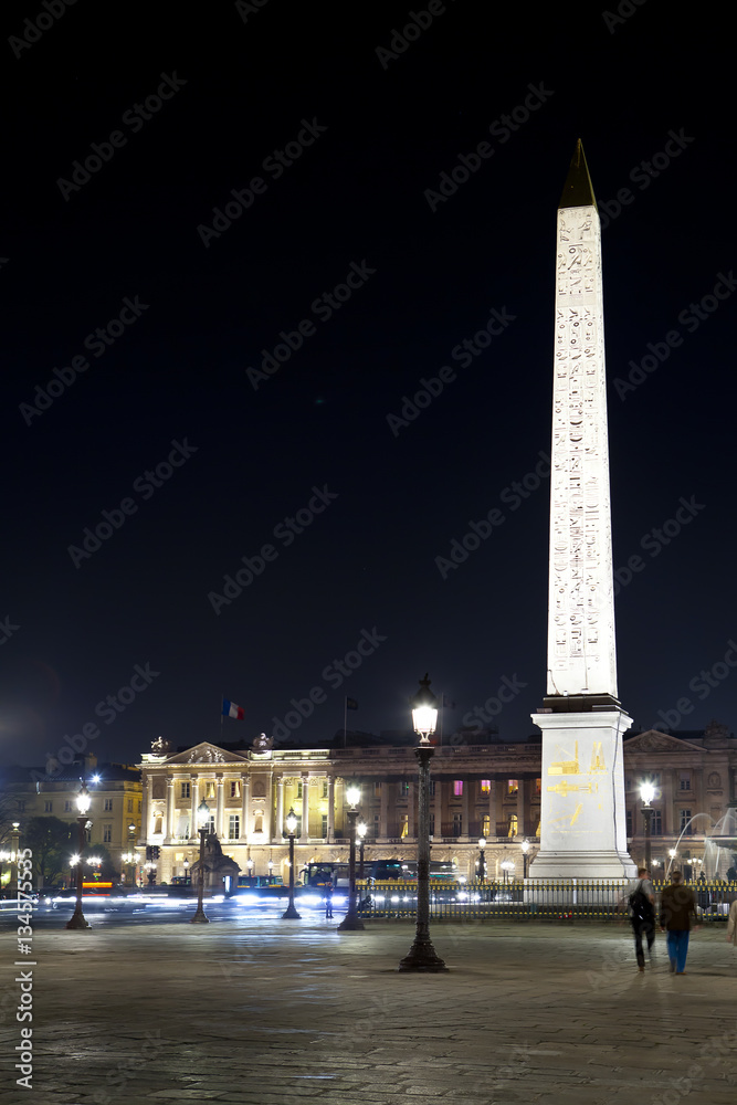 France. Paris. Egyptian column on Place de Concorde. Night