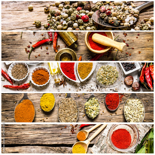 Food collage of herb and spice.