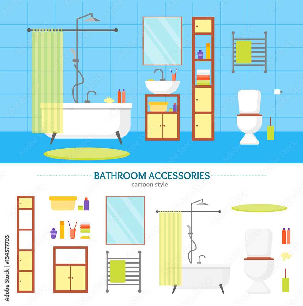 Interior Classic Bathroom and Elements Set. Vector Interior Classic Bathroom and Elements Set. Vector
