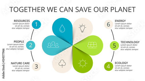 Vector circle arrows green leaves eco infographic. Ecology diagram, flower graph, presentation, chart. Organic nature concept with 6 options, parts, steps. 16x9 slide template.