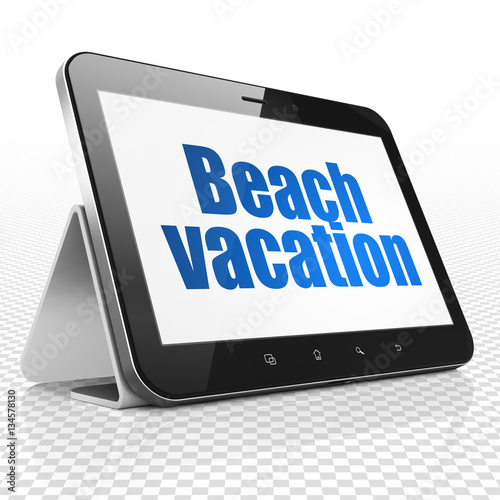 Tourism concept: Tablet Computer with Beach Vacation on display