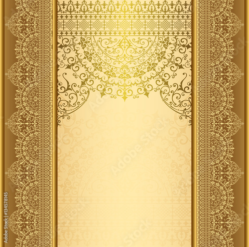 Vertical background with gold filigree frame border Background oriental gold with lace ornaments