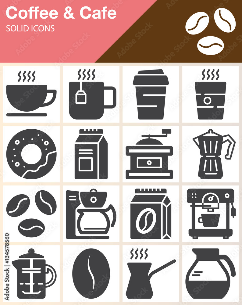 Coffee and Cafe vector icons set, modern solid symbol collection, filled style pictogram pack. Signs, logo illustration. Include icons as cup, donut, mug, beans, coffee machine, grinder Coffee and Cafe vector icons set, modern solid symbol collection, filled style pictogram pack. Signs, logo illustration. Include icons as cup, donut, mug, beans, coffee machine, grinder