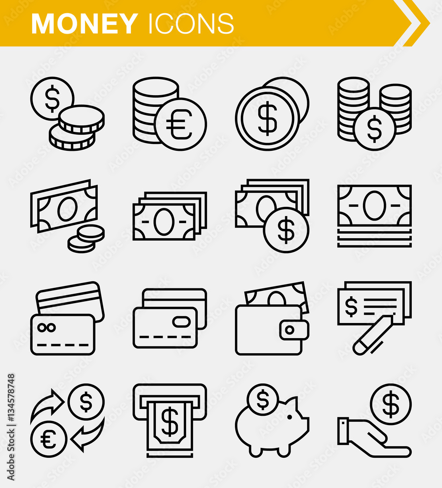 Set of pixel perfect money icons for mobile apps and web design.