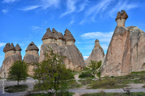  Beautuful view on the rocks in Cappadocia, Turkey. Spring