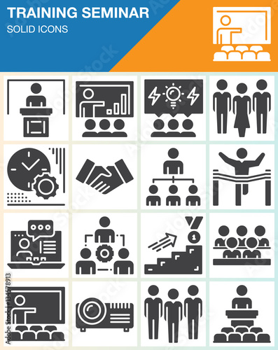 Business training seminar presentation vector icons set, modern solid symbol collection, filled style pictogram pack isolated on white. Signs, logo illustration, Presenter, Teacher, Audience, Winner