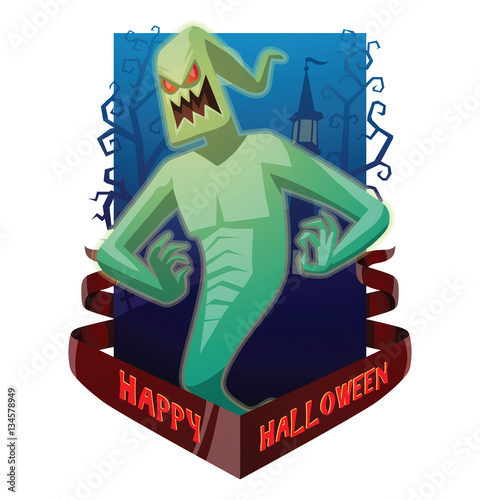 Vector dark blue card "Happy Halloween" with bare trees, a cemetery, a red banner and with cartoon image of funny light green ghost with red eyes flying and grinning on a white background. Halloween.