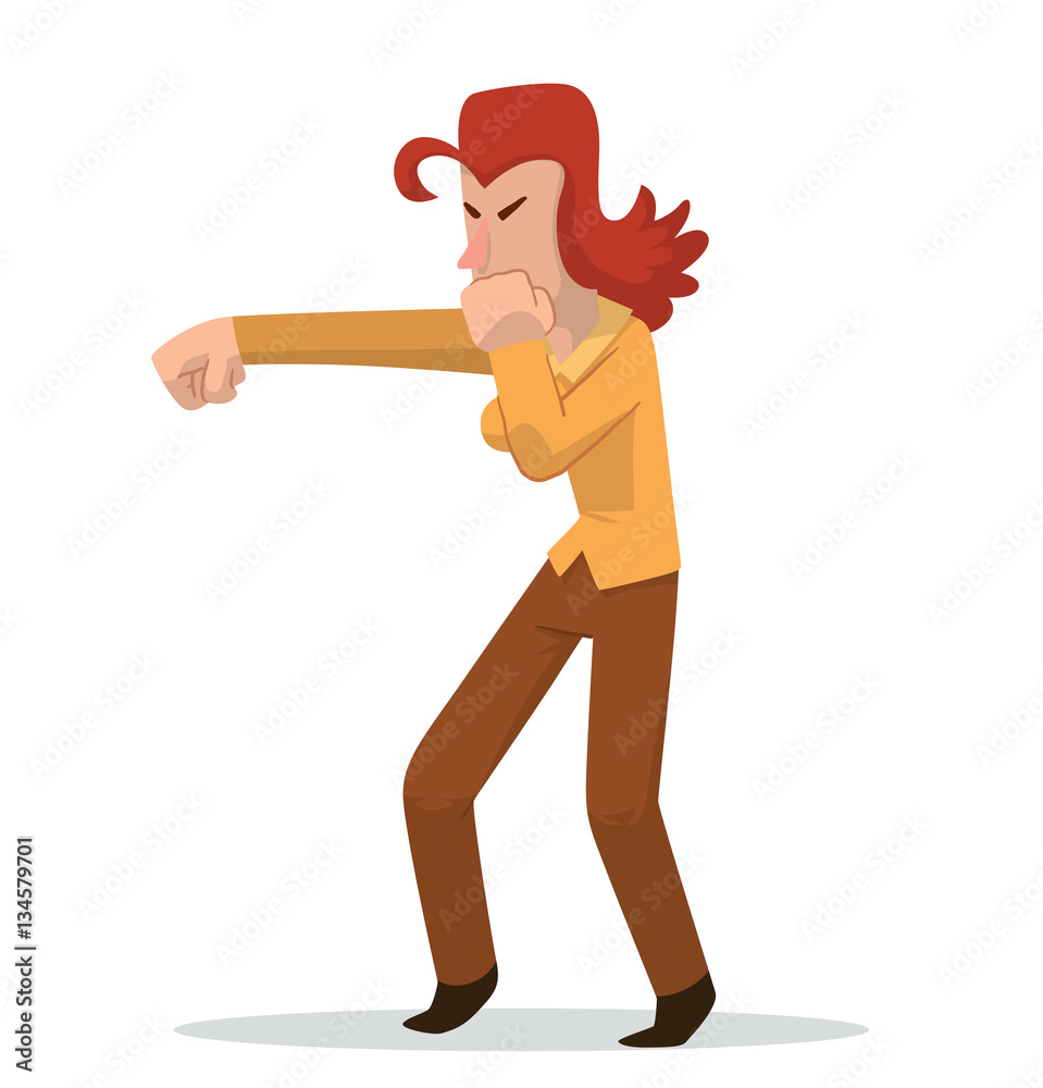 Vector cartoon image of a business woman with wavy red hair in brown trousers and light orange shirt, fighting on a white background. Business fight. Office warrior. Vector illustration. Vector cartoon image of a business woman with wavy red hair in brown trousers and light orange shirt, fighting on a white background. Business fight. Office warrior. Vector illustration.