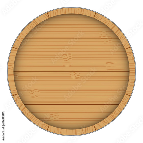Closed wooden barrel. Top view or bottom. The end of the barrel. Alcohol production. Menu, wine list.