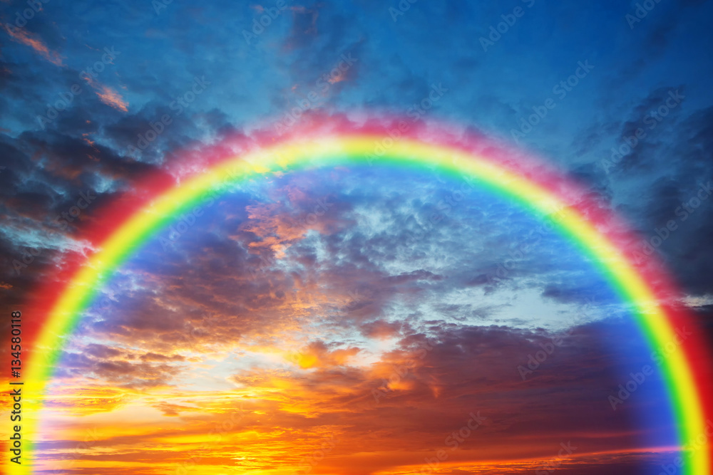 Blue sky and white cloud with rainbow background.