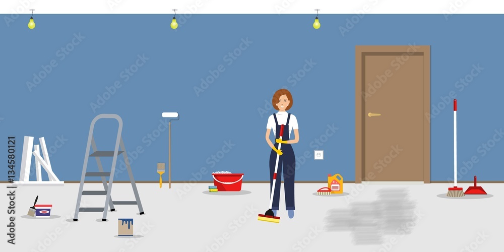 Obraz premium Room repairing at home. Cleaning in the apartment after walls' painting. Cleaning woman, standing with a mop, in the blue room. Vector illustration