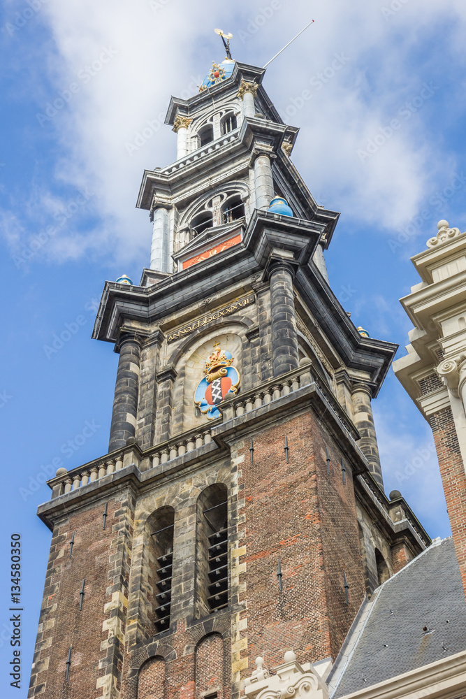 Tower of the Westerkerk church in the center of Amsterdam