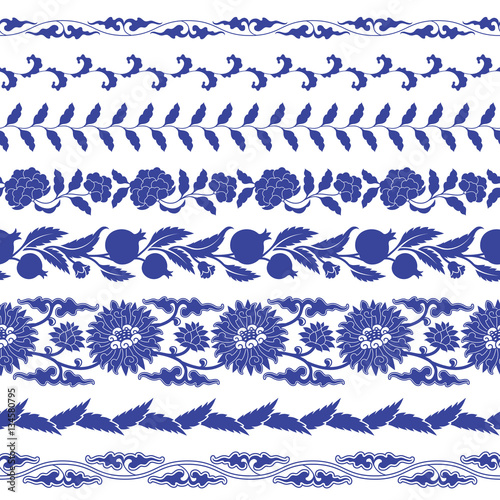 Chinese porcelane seamless borders vector set.