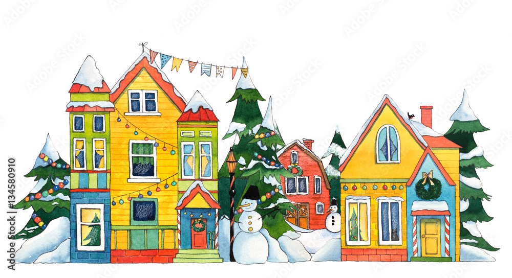 Watercolor Winter/Christmas Street Houses