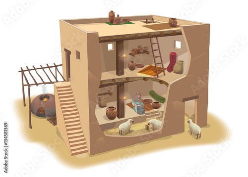 1st Century house of ancient people. Objects zhiznideyatelnosti device in the home, tools, culture, history, study.